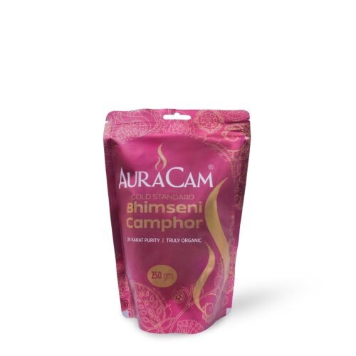 AuraCam Pure Bhimseni Camphor Pouch for Pooja, Hawan | Aromatic Kapooram | 100% Pure & Natural Pacha Kapur | Camphor for Pooja | Bhimseni Pouch (Pack of 1, 250g)