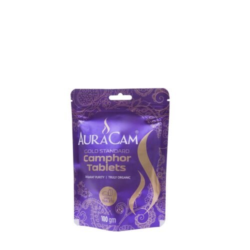 AuraCam Gold Standard Pure Camphor Tablets Pouch for Puja, Meditation, Spirituality | Aromatic Kapooram, 100% Pure Camphor (Small Pack of 1, 100 g)