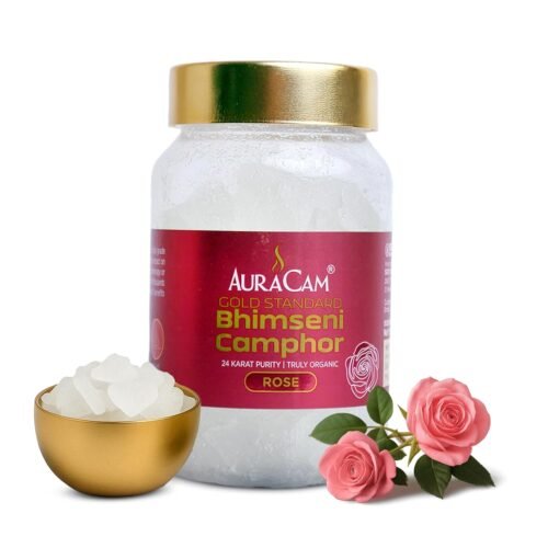 AuraCam Gold Standard Bhimseni Camphor - 100 GMS/Camphor for Pooja/100% Pure Brass Kapoor/Aromatic for Pooja, Meditation, Havan, Room Freshener/Pure & Natural Pacha Kapoor (Rose Flavour, 100 gm)