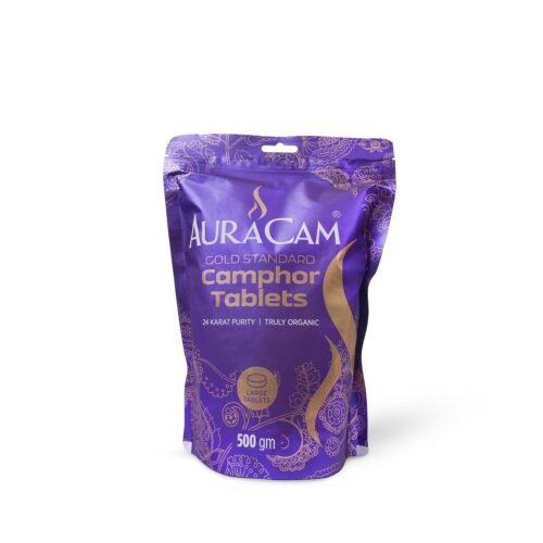 AuraCam Gold Standard Pure Camphor Tablets Pouch for Puja, Meditation, Spirituality | Aromatic Kapooram Tablets | 100% Pure Camphor | Kapur |Camphor Tablets Pouch (Large, Pack of 1, 500 g)