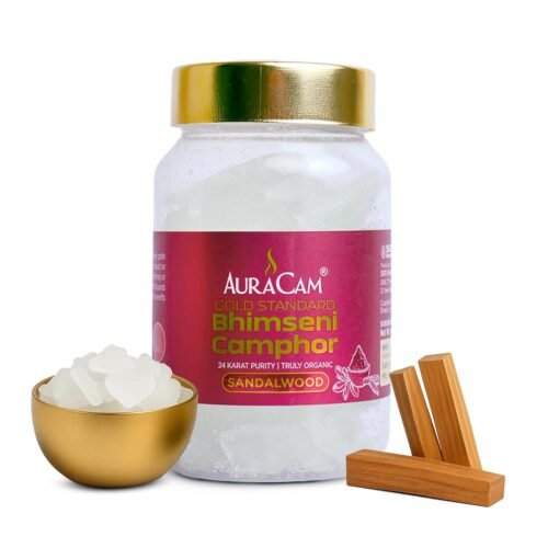 AuraCam Gold Standard Bhimseni Camphor - 100 gms/Camphor for Pooja/100% Pure Brass Kapoor/Aromatic for Pooja, Meditation, Havan, Room Freshener/Pure & Natural Pacha Kapoor (Sandalwood Flavour, 100 gm)