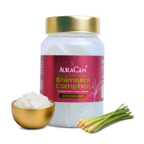 AuraCam Gold Standard Bhimseni Camphor - 100 gms/Camphor for Pooja/100% Pure Brass Kapoor/Aromatic for Pooja, Meditation, Havan, Room Freshener/Pure & Natural Pacha Kapoor (Lemongrass Flavour, 100 gm)