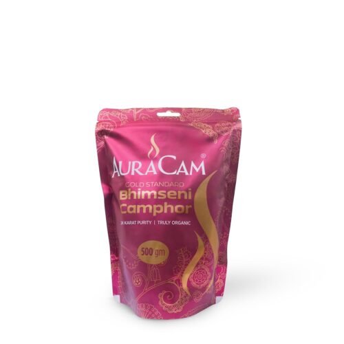 AuraCam Pure Bhimseni Camphor Pouch for Pooja, Hawan | Aromatic Kapooram | 100% Pure Camphor | Pure & Natural Pacha Kapur | Camphor for Pooja | Bhimseni Camphor Pouch (Pack of 1, 500 g)