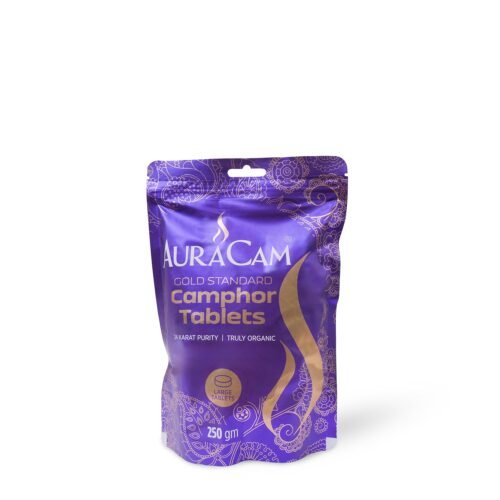 AuraCam Gold Standard Pure Camphor Tablets Pouch for Puja, Meditation, Spirituality | Aromatic Kapooram Tablets | 100% Pure Camphor | Kapur |Camphor Tablets Pouch (Large, Pack of 1, 250 g)