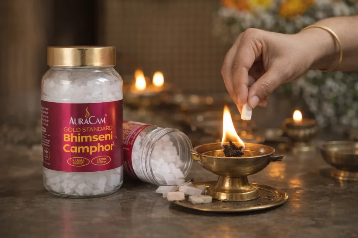 Q: What is the difference between Bhimseni camphor and regular camphor? A: Bhimseni camphor is 100% natural, derived from the Cinnamomum camphor tree through steam distillation. Regular camphor is synthetic, manufactured from petrochemicals. Natural Bhimseni camphor burns cleaner, leaves no residue, has a richer fragrance, and is safe for ritual, therapeutic, and household use. Q: Is Bhimseni Kapoor safe to use daily at home for puja? A: Yes. Bhimseni Kapoor is completely safe for daily puja use. Its natural composition means it does not release harmful synthetic fumes. However, as with any open flame, ensure adequate ventilation in enclosed pooja rooms and keep away from flammable materials. Q: How do I identify genuine Bhimseni camphor from fake or adulterated camphor? A: Genuine Bhimseni camphor has a translucent, crystalline appearance, a cool and complex forest-like aroma, and burns completely without leaving any oily residue. Fake or synthetic camphor tends to be bright white, has a sharp chemical smell, and leaves a waxy residue. Always buy from trusted brands like AuraCam that provide purity certification and traceable sourcing. Q: Can Bhimseni camphor be used in an electric diffuser or humidifier? A: Yes. Bhimseni camphor crystals can be placed in oil diffusers or warm-water humidifiers for aromatherapy. The natural volatile compounds disperse effectively at low heat, creating a calming, antimicrobial aromatic atmosphere without the chemical residues associated with synthetic camphor. Q: Where can I buy genuine Bhimseni camphor online in India in 2026? A: Genuine Bhimseni camphor is available from AuraCam at auracam.in, as well as through premium pooja product retailers and select e-commerce platforms. Always verify the product is certified as natural camphor and sourced from a reputable manufacturer to avoid adulterated products. Q: Is natural Bhimseni camphor available in bulk for temples or institutional buyers? A: Yes. Premium camphor manufacturers like AuraCam offer institutional and bulk formats of Bhimseni camphor specifically for temple trusts, agarbatti manufacturers, and wholesale distributors. These are typically available in standardised weight formats with custom packaging options suitable for high-volume ritual use