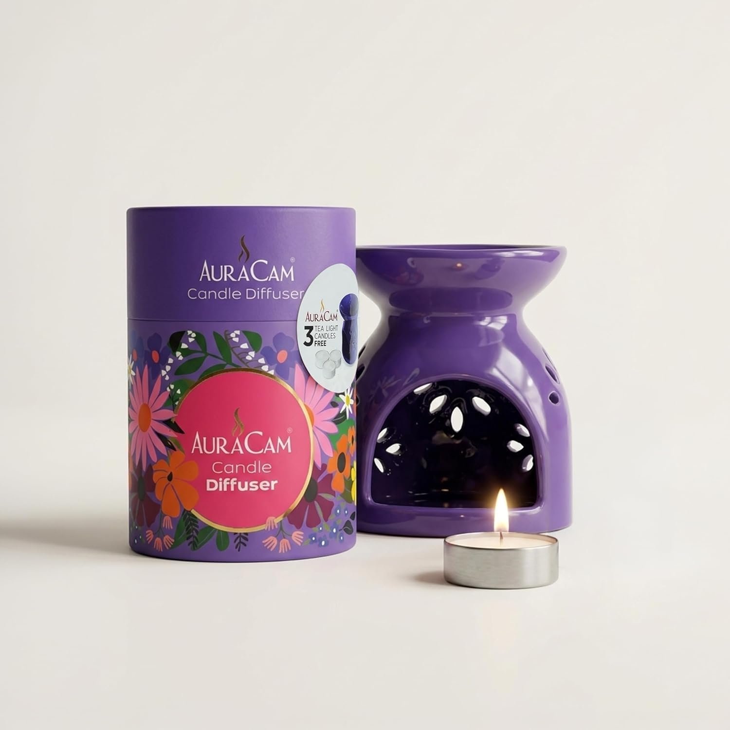 Ceramic Essential Oil Diffuser with Tea Light Candle – Pack of 1 (Purple)