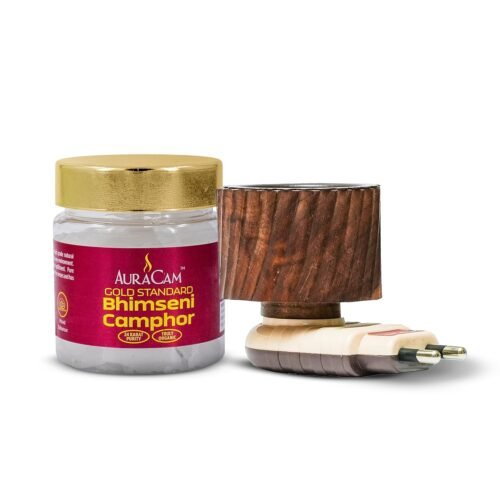 AuraCam Gold Standard Bhimseni Camphor (50g) With Wooden Electrical Diffuser