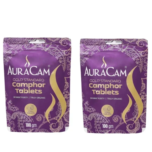 AuraCam Gold Standard Pure Camphor Tablets Pouch for Puja - Small, 100 g (Pack of 2)
