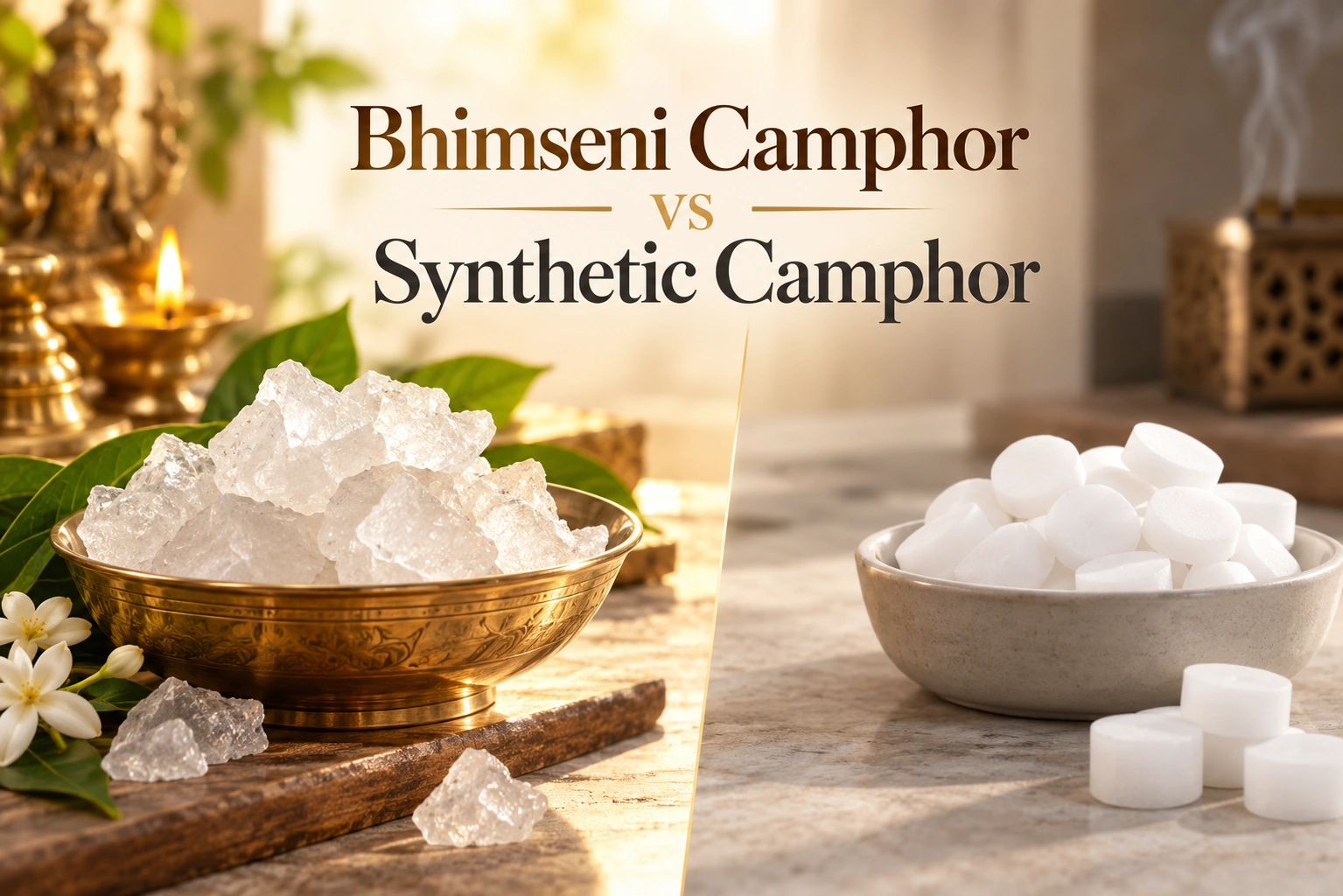 A comparison of Bhimseni camphor vs synthetic camphor, showing translucent crystal-like pieces in a decorative brass bowl on the left and white camphor tablets in a ceramic bowl on the right.