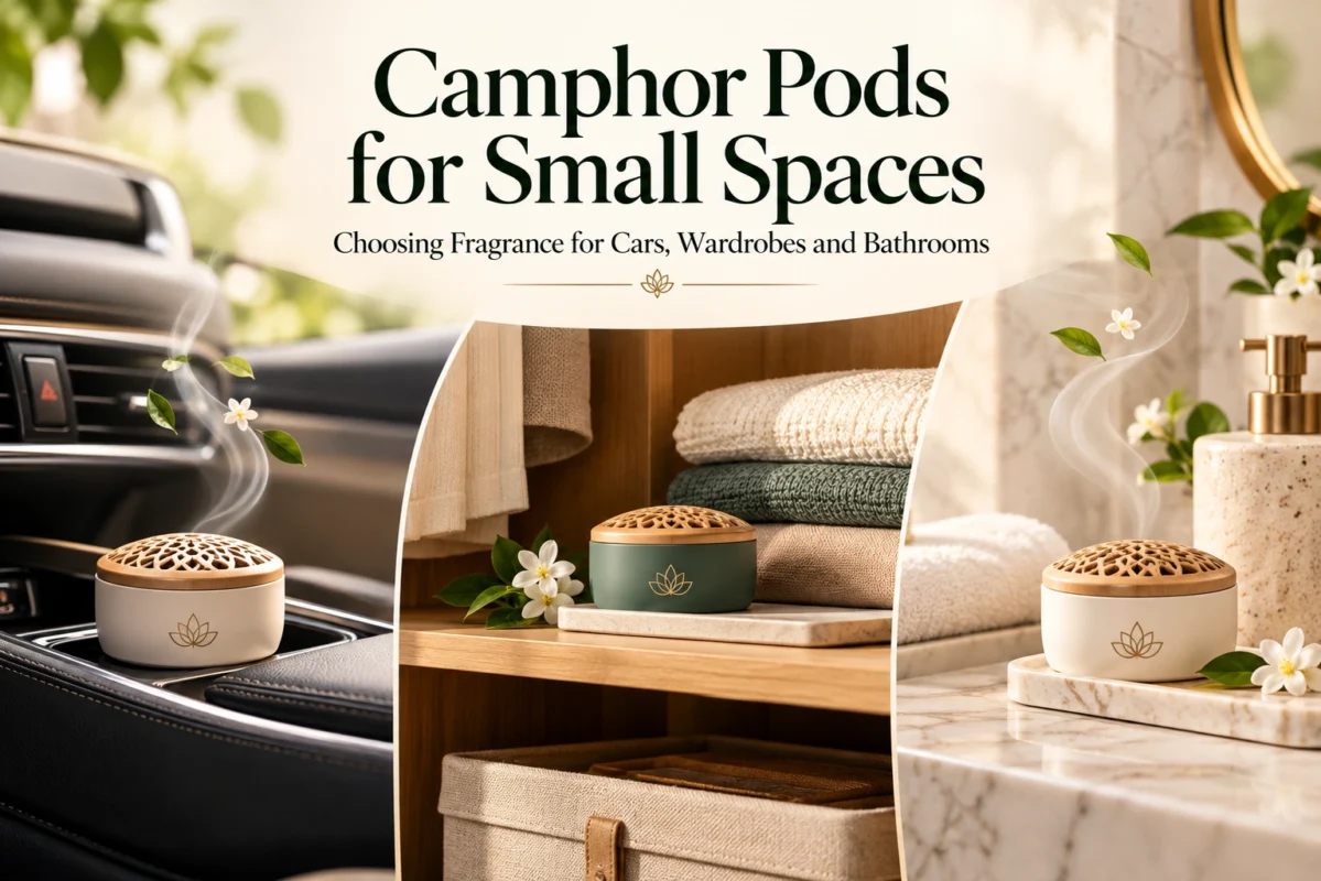 Camphor pods for small spaces, featuring decorative fragrance containers placed in a car, wardrobe, and bathroom.