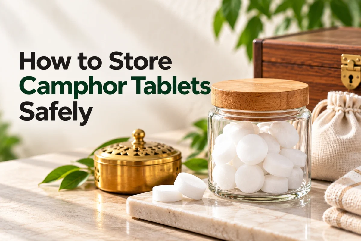 How to store camphor tablets safely: white camphor tablets in a glass jar with a wooden lid beside a brass holder, linen pouch and wooden box
